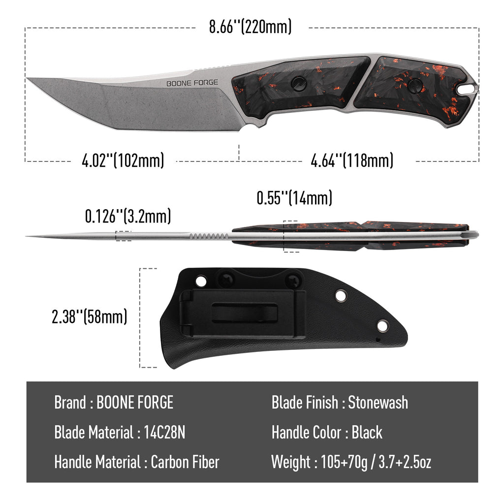BOONEFORGE Edge Premium EDC Fixed blade knife ( 4.02'' Bead Blasted Stonewash 14C28N Blade & Golden Carbon Fiber Handle ) - FD050