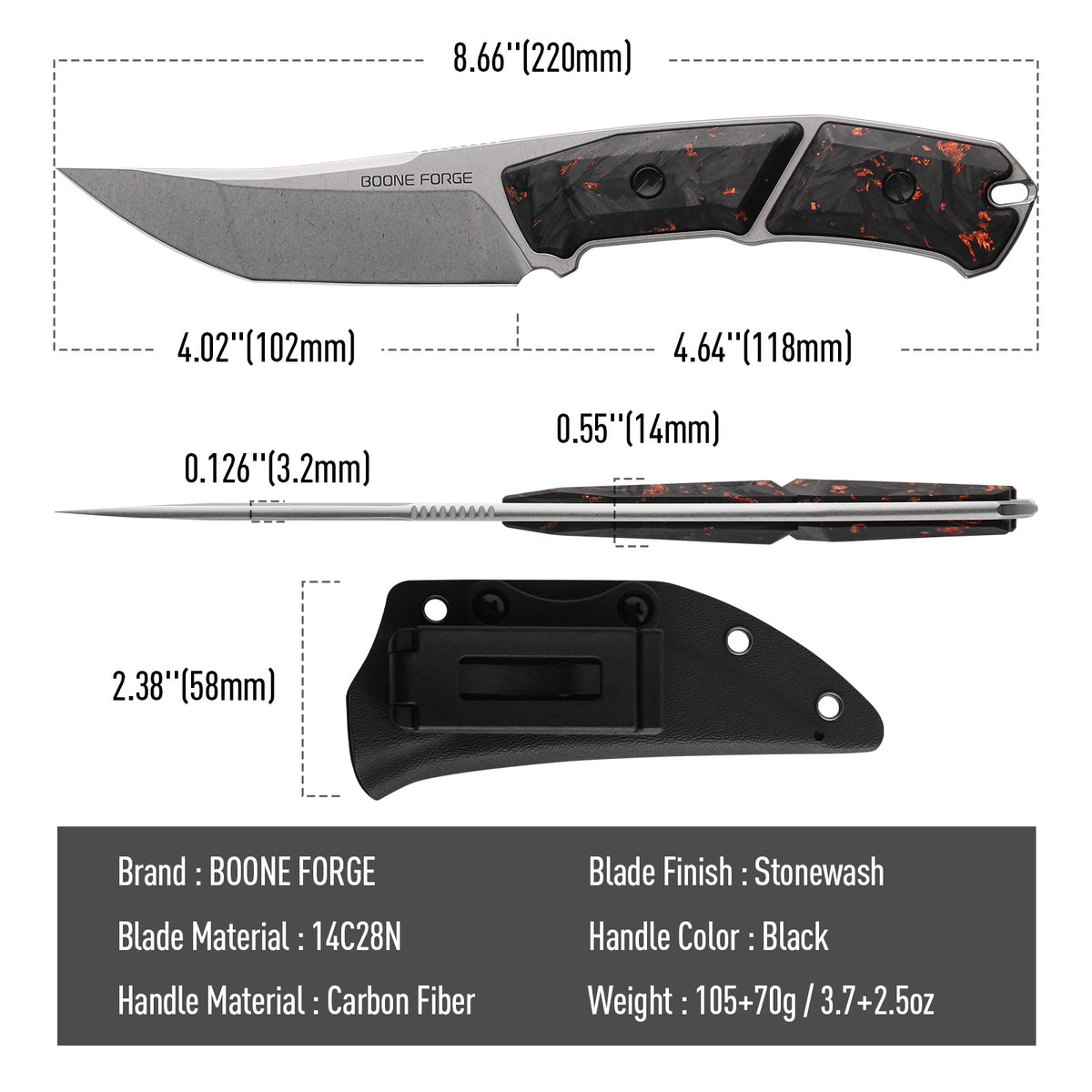 BOONEFORGE Edge Premium EDC Fixed blade knife ( 4.02'' Bead Blasted Stonewash 14C28N Blade & Golden Carbon Fiber Handle ) - FD050