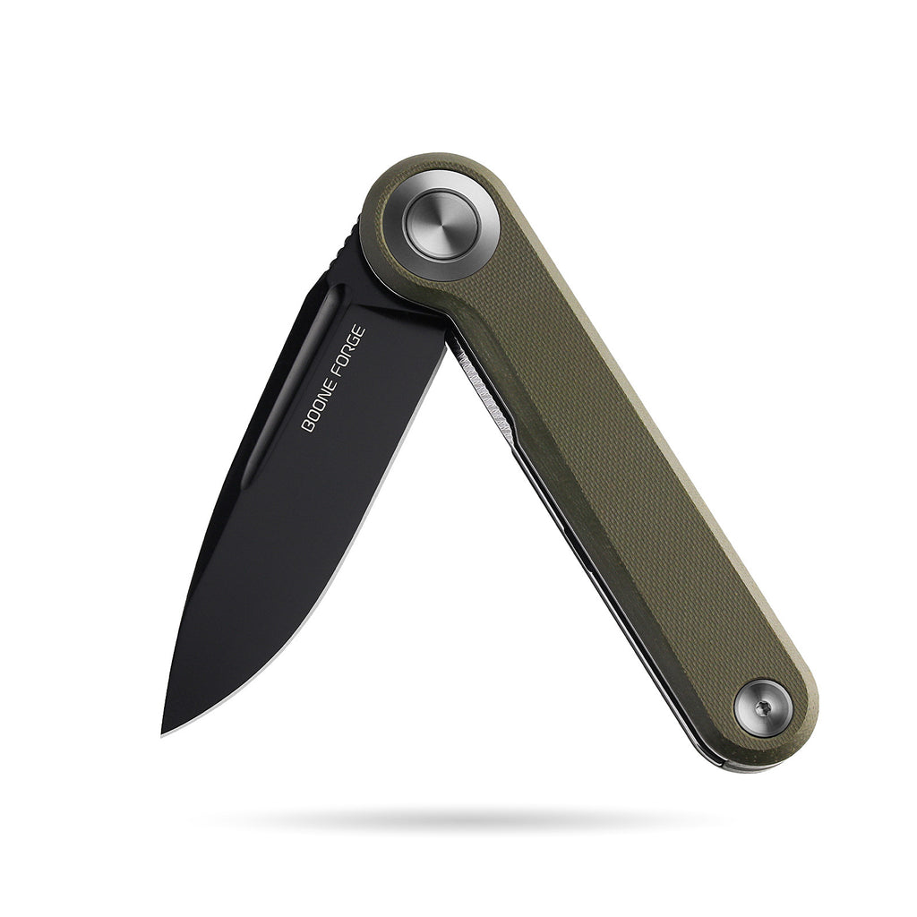 BOONEFORGE Ironjudge Premium EDC Flipper knife ( 3.39'' Black Titanium Plated 14C28N Blade & Army green G10 Handle ) - BF905