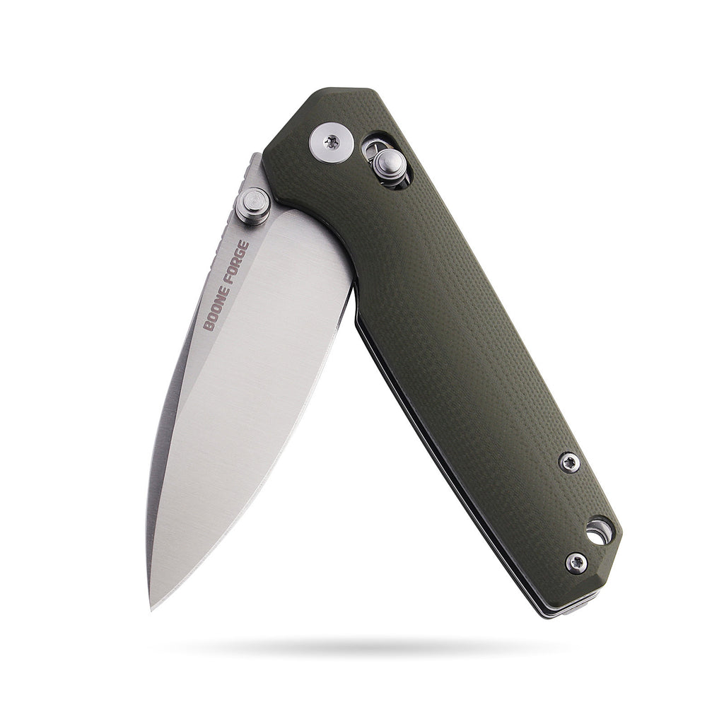 BOONEFORGE Darkedge Premium EDC Crossbar knife ( 3.05'' Satin 14C28N Blade & Army green G10 Handle ) - BF900