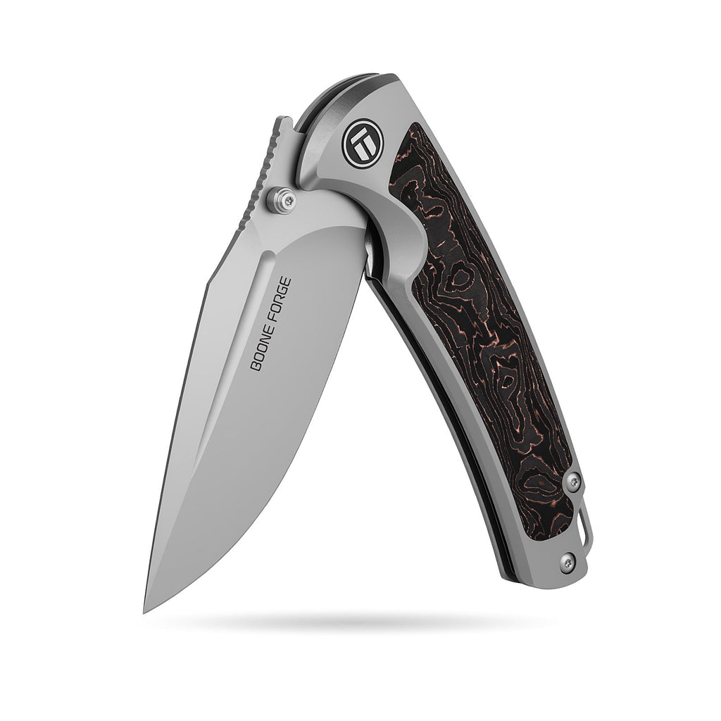 [PRE‑ORDER]BOONEFORGE Thunderstrike Premium EDC Fliper & Thumb Stud knife( 3.75'' Bead Blasted M390 Blade & Grey TC4 Titanium Handle ) - BF052
