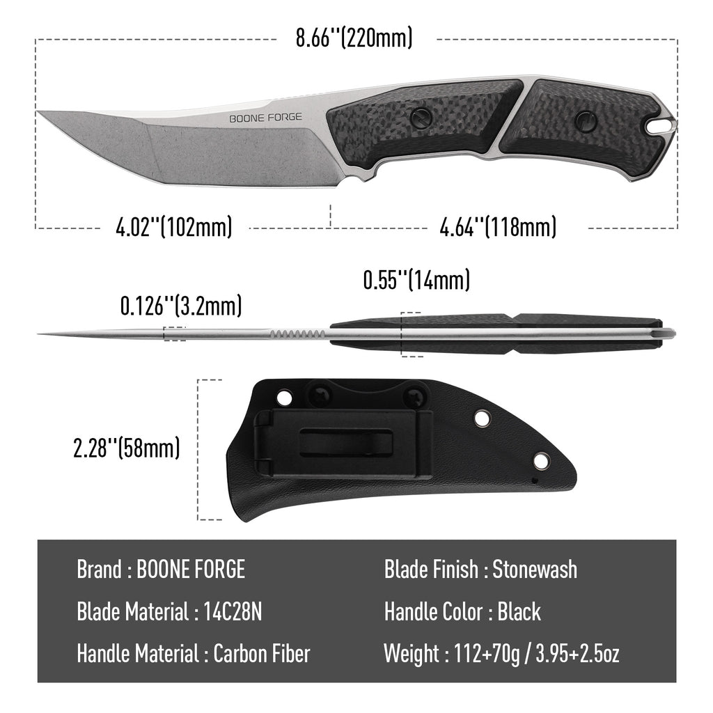 BOONEFORGE Edge Premium EDC Fixed blade knife ( 4.02'' Bead Blasted Stonewash 14C28N Blade & Black Carbon Fiber Handle ) - FD050