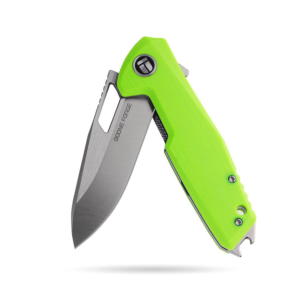BOONEFORGE Berserker Premium EDC Flipper & Thumb hole knife( 3.07'' Satin 14C28N Blade & Fluorescent green G10 Handle ) - BF072
