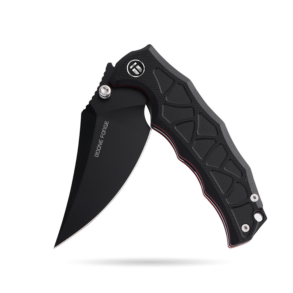 BOONEFORGE Ironstrider Premium EDC Fliper & Thumb Stud knife(3.81'' Black Titanium Plated 14C28N Blade & Black G10 Handle ) - BF013A