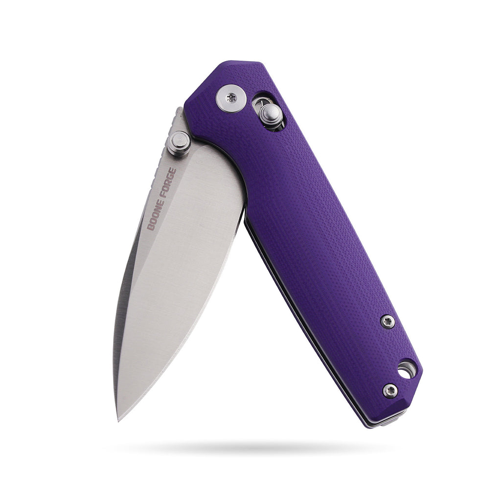 BOONEFORGE Darkedge Premium EDC Crossbar knife ( 3.05'' Satin 14C28N Blade & Purple G10 Handle ) - BF900