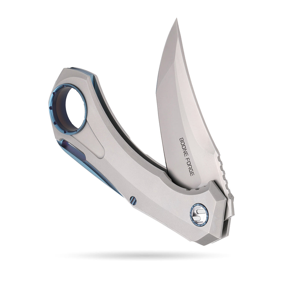 BOONEFORGE Stormwrath Premium EDC Flipper knife ( 3.49'' Bead Blasted M390 Blade & Grey TC4 Titanium Handle ) - BF071