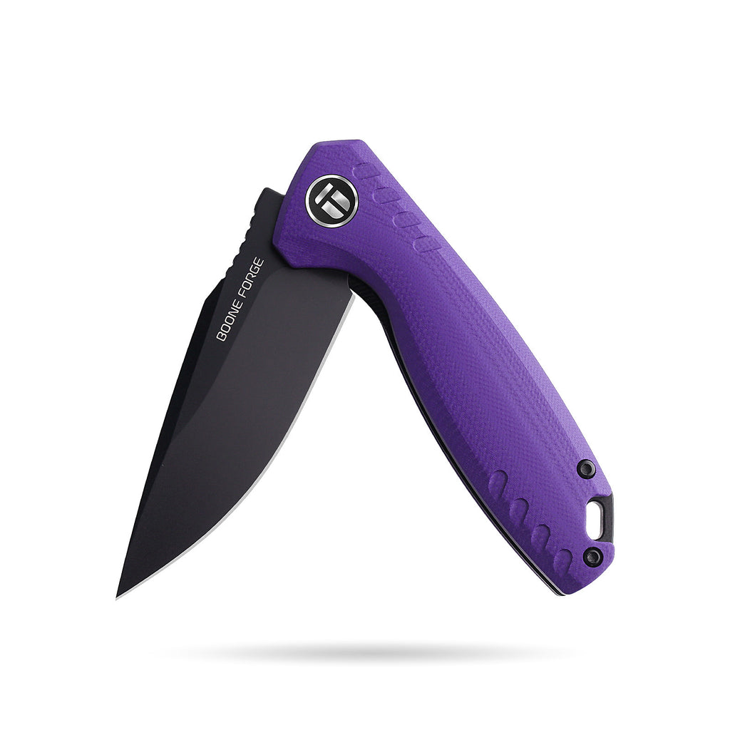 BOONEFORGE Nightvein Premium EDC Flipper knife (3.39'' Black Titanium Plated 14C28N Blade & Purple G10 Handle) - BF011