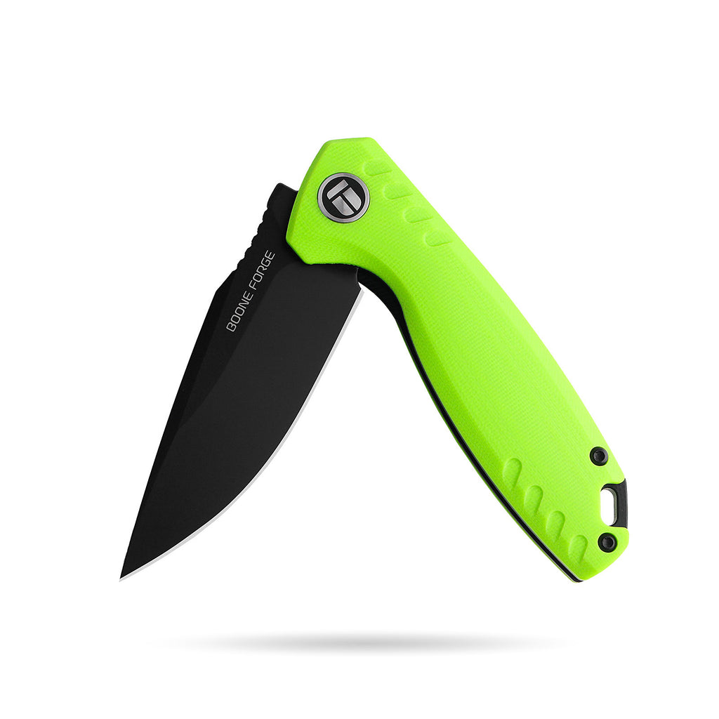 BOONEFORGE Nightvein Premium EDC Flipper knife (3.39'' Black Titanium Plated 14C28N Blade & Fluorescent green G10 Handle) - BF011