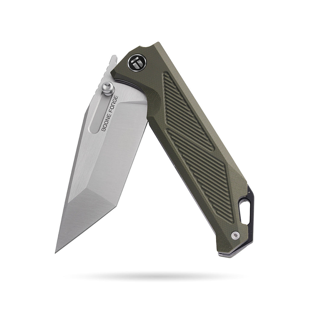 BOONEFORGE Blackshield Premium EDC Fliper & Thumb Stud knife ( 3.94'' Satin 14C28N Blade & Army green G10 Handle ) - BF014A