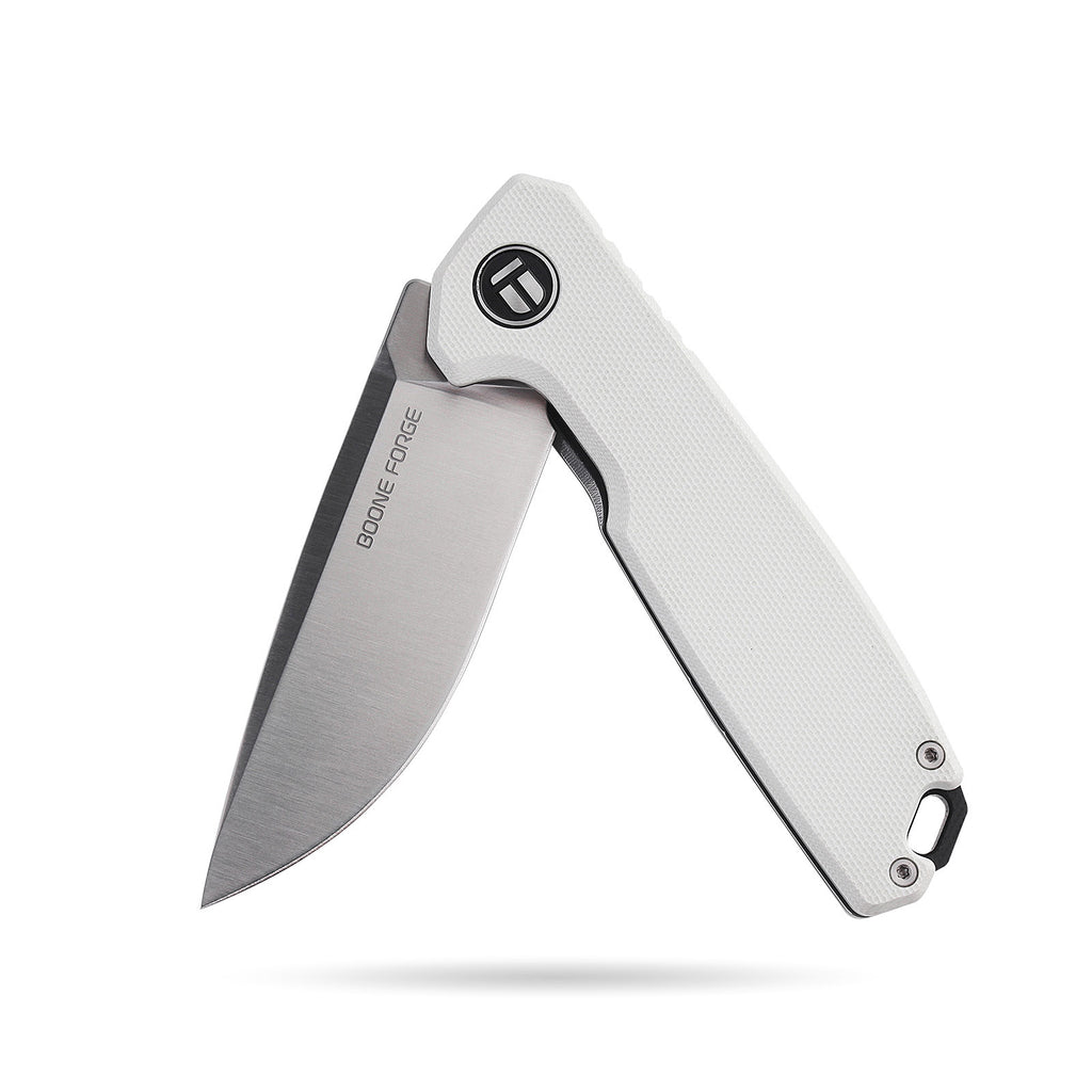 BOONEFORGE Steelwrath Premium EDC Flipper knife ( 3.23'' Satin 14C28N Blade & White G10 Handle) - BF010