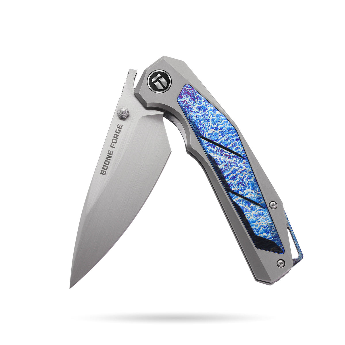 [PRE‑ORDER]BOONEFORGE Wraith Premium EDC Thumb stud knife( 3.93'' Brushed Satin M390 Blade & Grey TC4 Titanium Handle ) - BF062