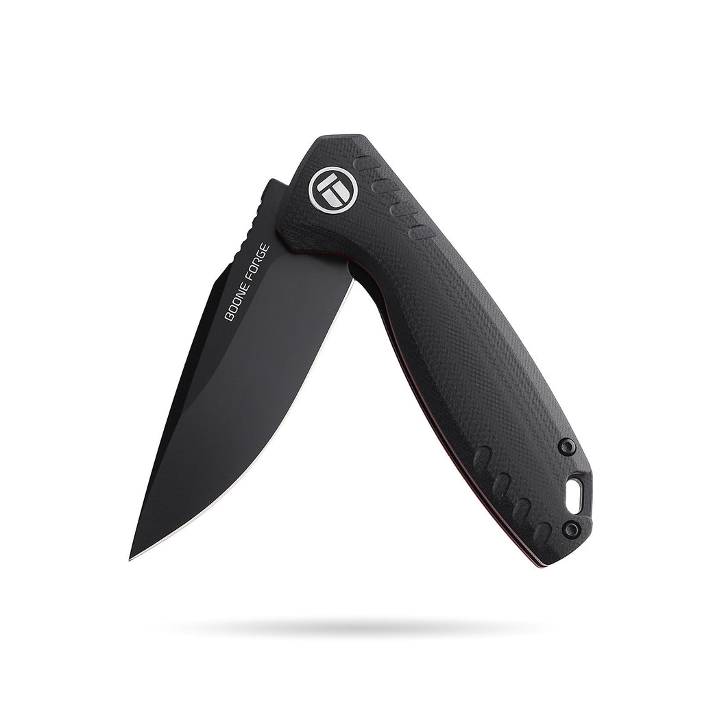 BOONEFORGE Nightvein Premium EDC Flipper knife (3.39'' Black Titanium Plated 14C28N Blade & Black G10 Handle) - BF011