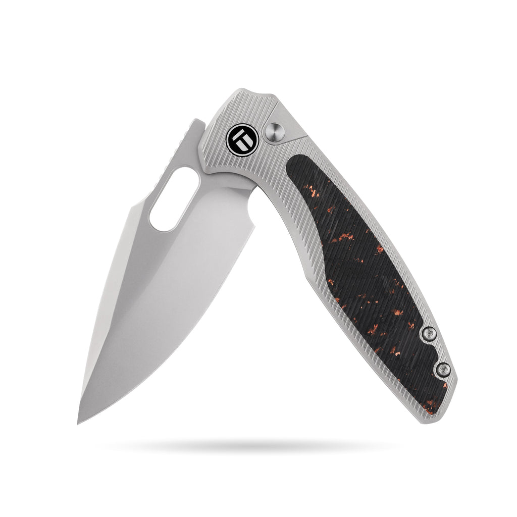 [PRE‑ORDER]BOONEFORGE Huntscar Premium EDC Button lock & Thumb hole knife ( 3.38'' Bead Blasted BÖHLER M390  Blade & Grey TC4 Titanium/Carbon Fiber Handle) - BF008