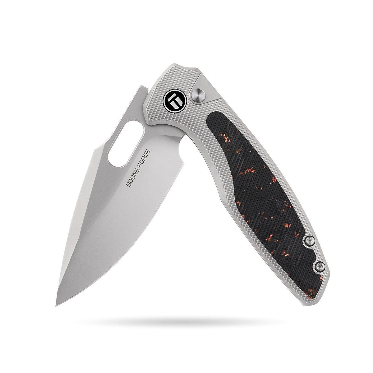 [PRE‑ORDER]BOONEFORGE Huntscar Premium EDC Button lock & Thumb hole knife ( 3.38'' Bead Blasted M390  Blade & Grey TC4 Titanium/Carbon Fiber Handle) - BF008