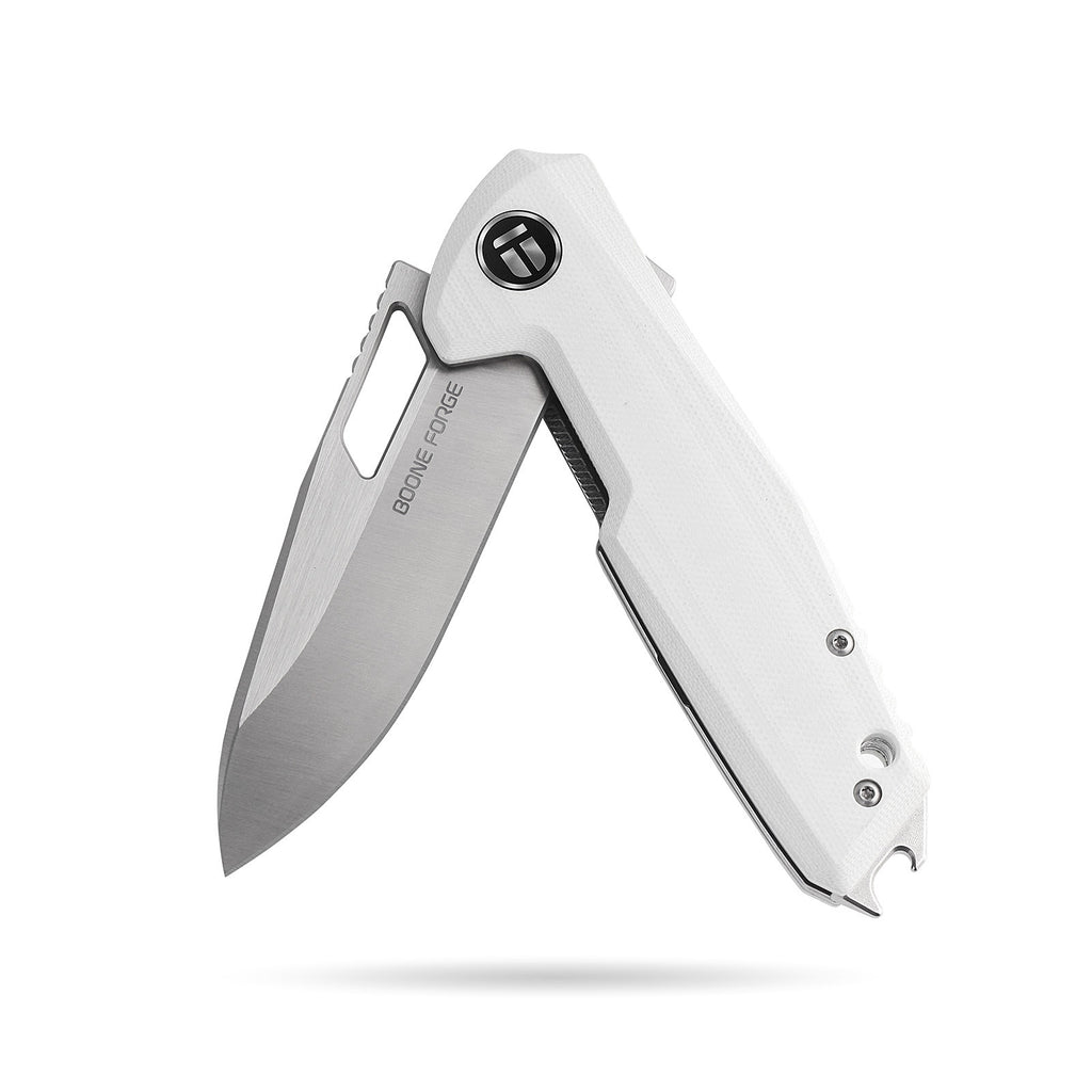 BOONEFORGE Berserker Premium EDC Flipper & Thumb hole knife( 3.07'' Satin 14C28N Blade & White G10 Handle ) - BF072