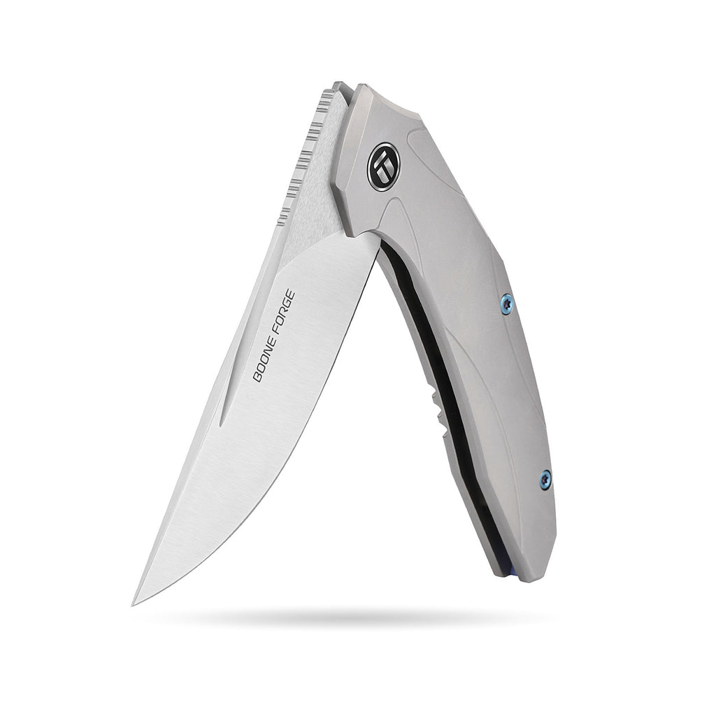 [PRE‑ORDER]BOONEFORGE Titan Premium EDC Fliper & Thumb Stud knife ( 3.54'' Satin M390 Blade & Grey TC4 Titanium Handle ) - BF056