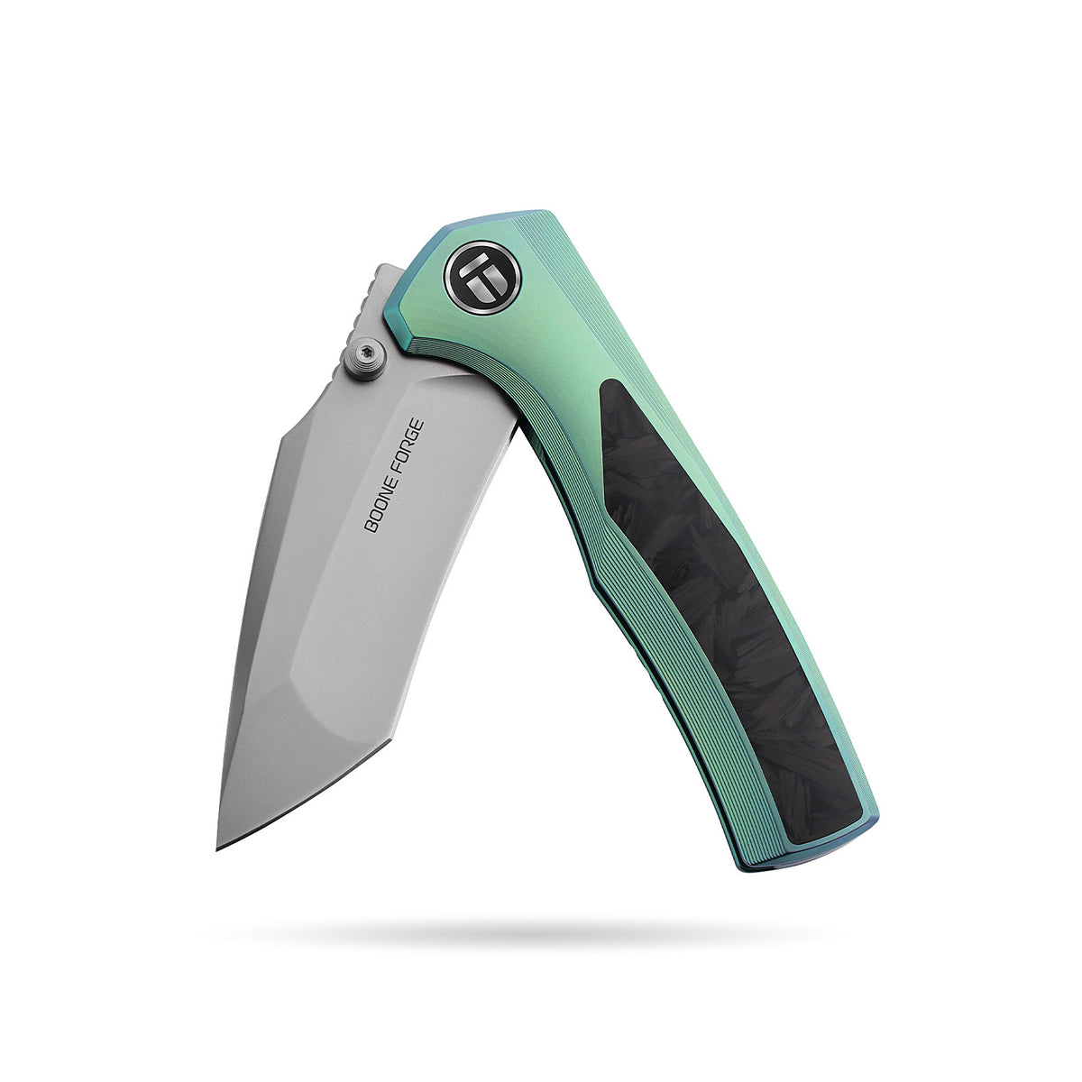 [PRE‑ORDER]BOONEFORGE Bloodfang Premium EDC Thumb stud knife ( 3.41" Bead Blasted M390 Blade & Mint green TC4 Titanium/Carbon Fiber Handle) - BF007