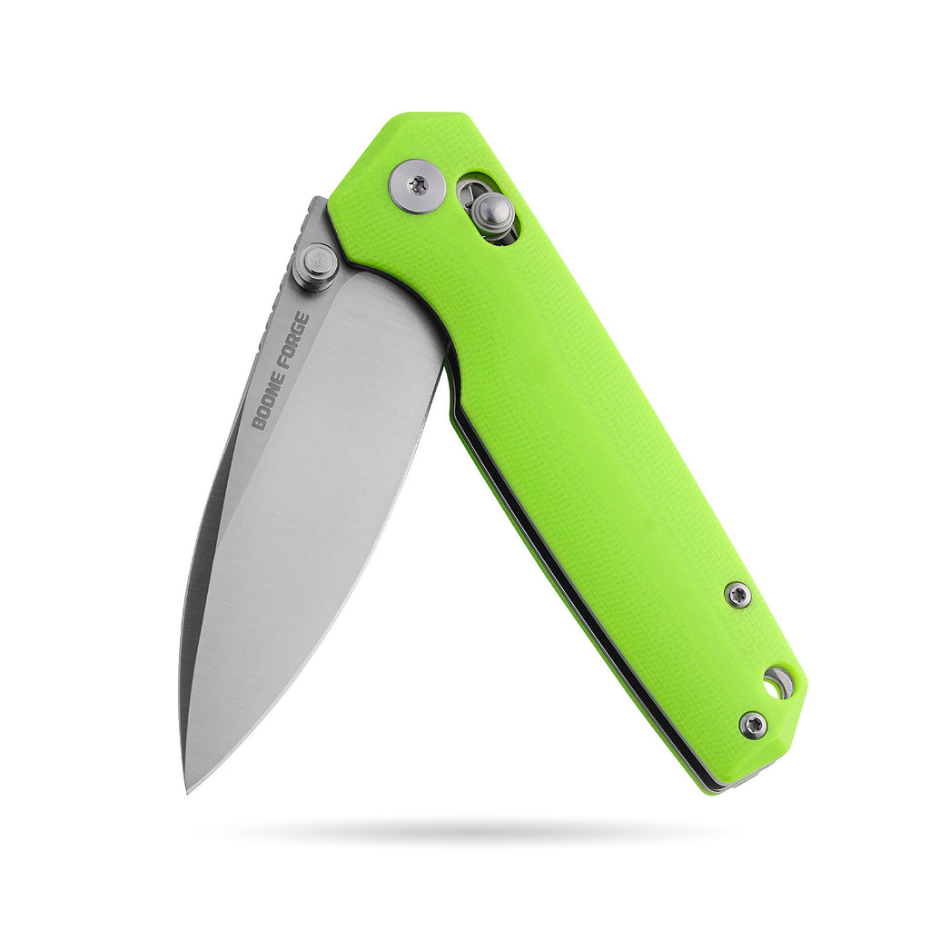 BOONEFORGE Darkedge Premium EDC Crossbar knife ( 3.05'' Satin 14C28N Blade & Fluorescent green G10 Handle ) - BF900