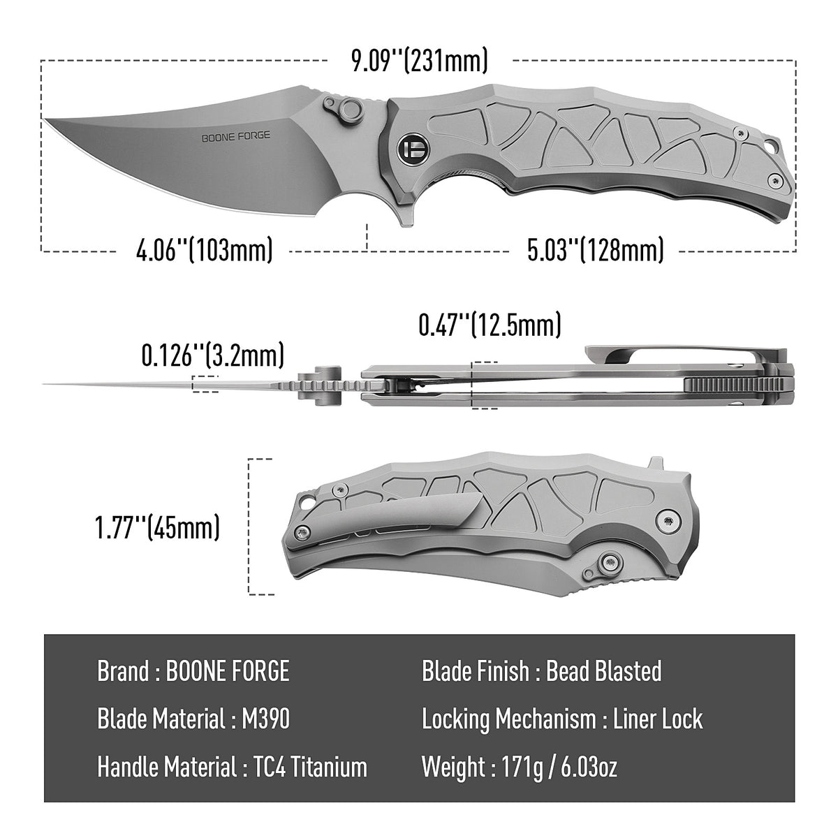 [PRE‑ORDER]BOONEFORGE Frostspine Premium EDC Fliper & Thumb Stud knife(4.06'' Bead Blasted M390  Blade & Grey TC4 Titanium Handle ) - BF013