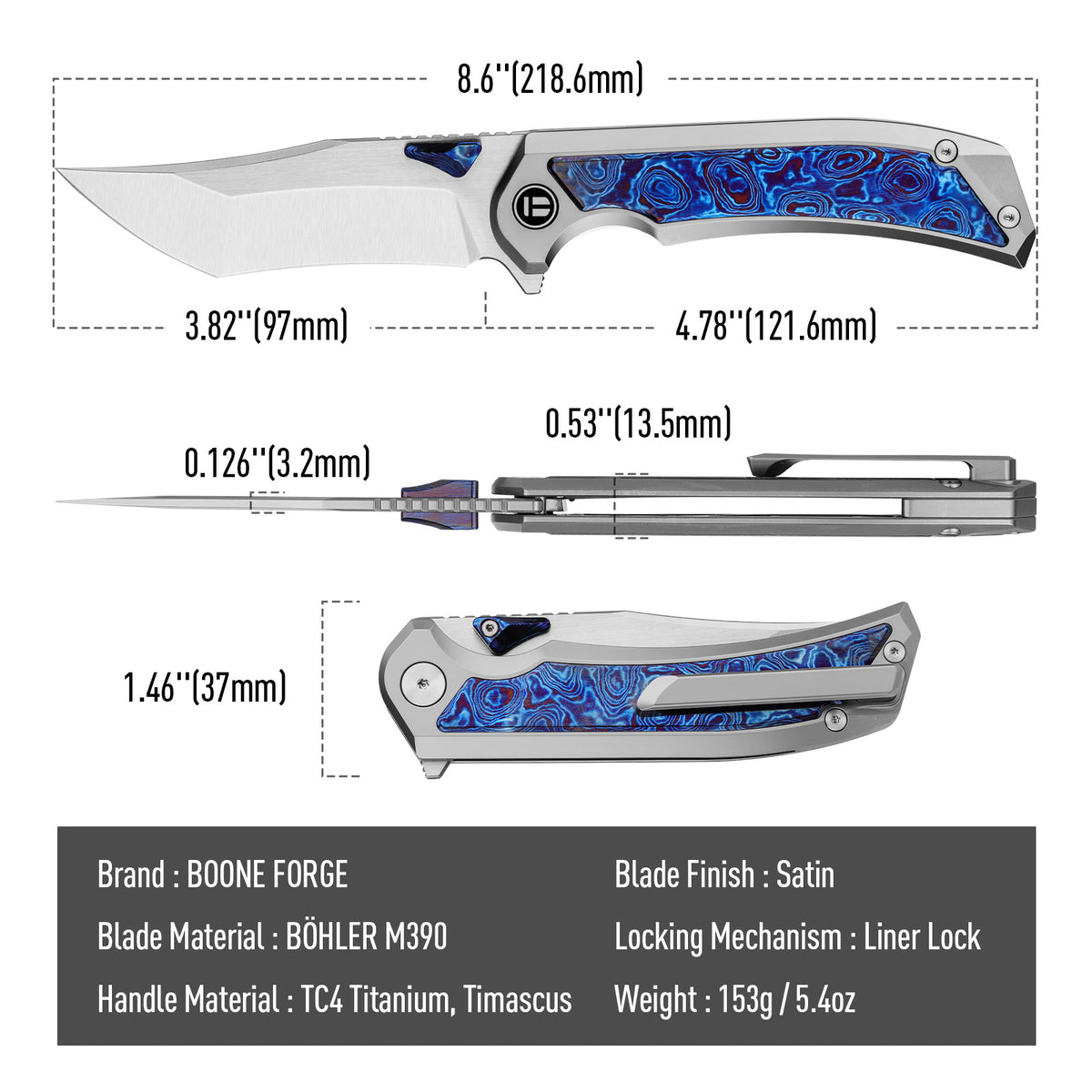 BOONEFORGE Odin’s Eye Premium EDC Fliper & Thumb Stud knife ( 3.82'' Satin BÖHLER M390 Blade & Grey TC4 Titanium/Timascus Handle ) - BF053