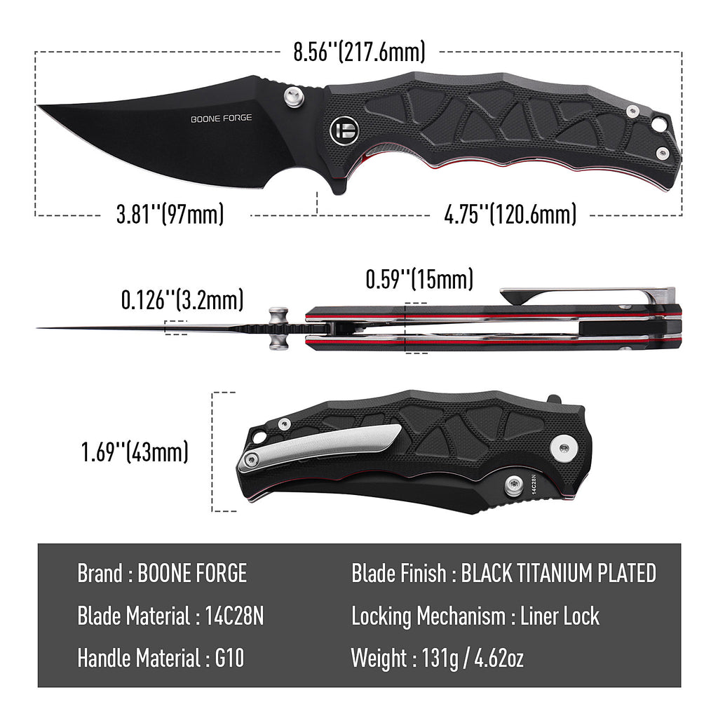 BOONEFORGE Ironstrider Premium EDC Fliper & Thumb Stud knife(3.81'' Black Titanium Plated 14C28N Blade & Black G10 Handle ) - BF013A