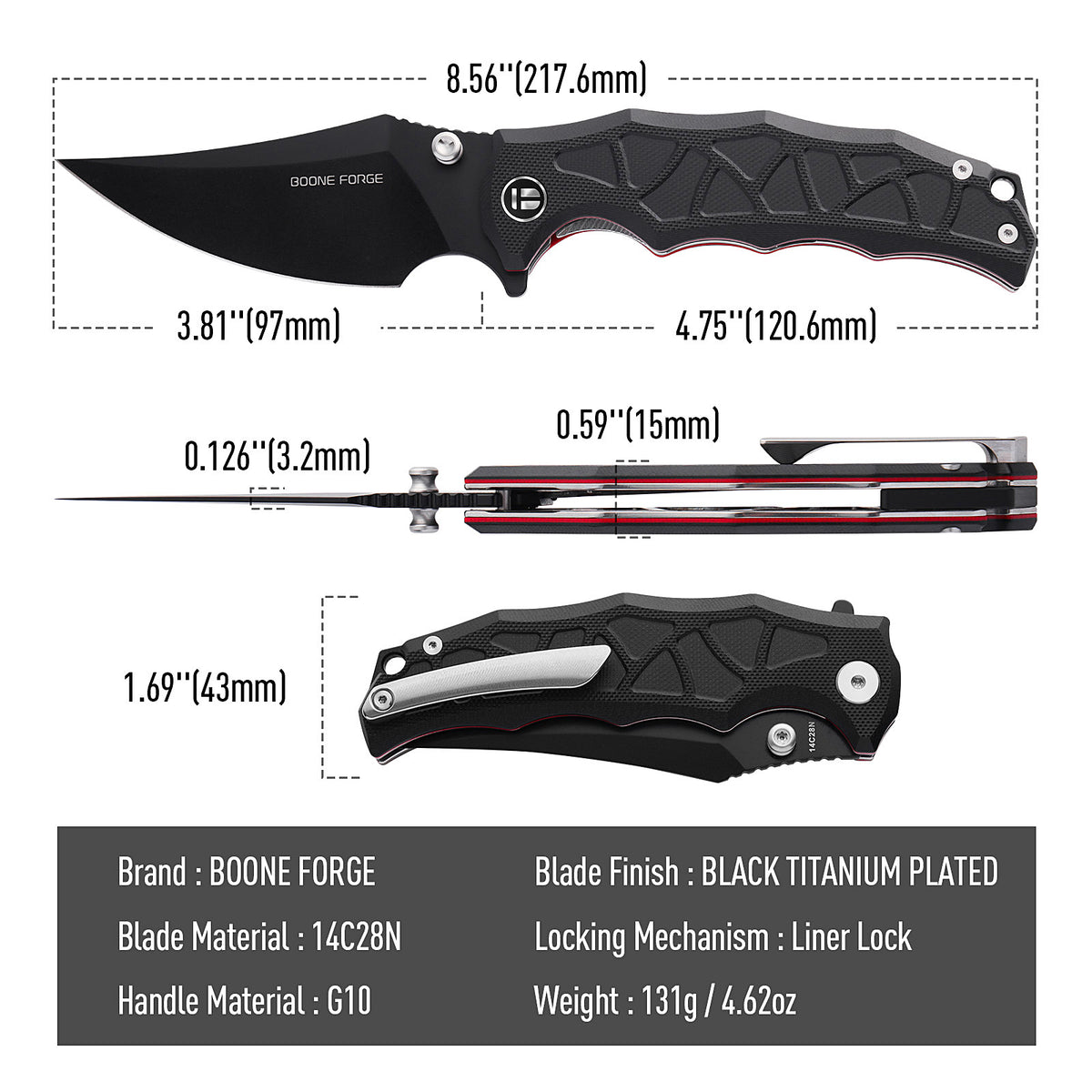 BOONEFORGE Ironstrider Premium EDC Fliper & Thumb Stud knife(3.81'' Black Titanium Plated 14C28N Blade & Black G10 Handle ) - BF013A