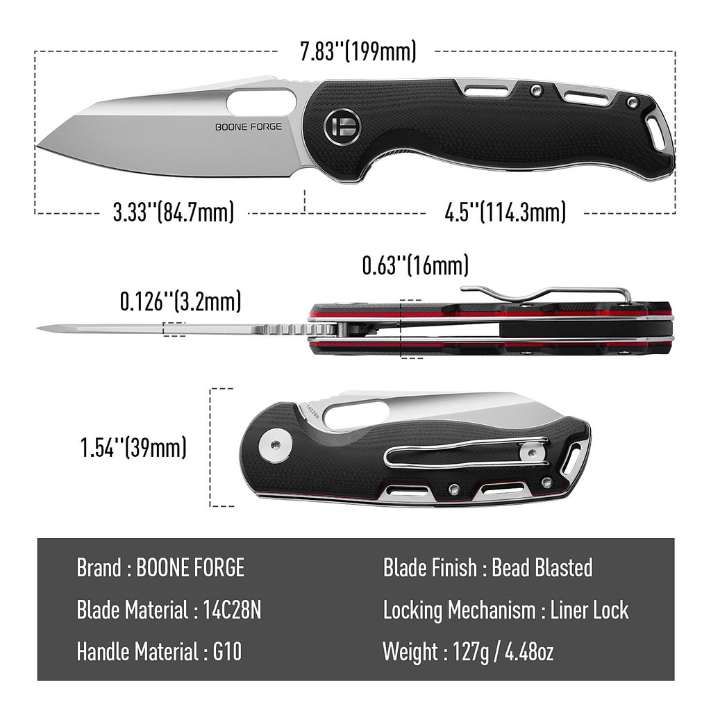 BOONEFORGE Warmark Premium EDC Manual thumb knife ( 3.33'' Bead Blasted 14C28N Blade & Black G10 Handle) - BF009