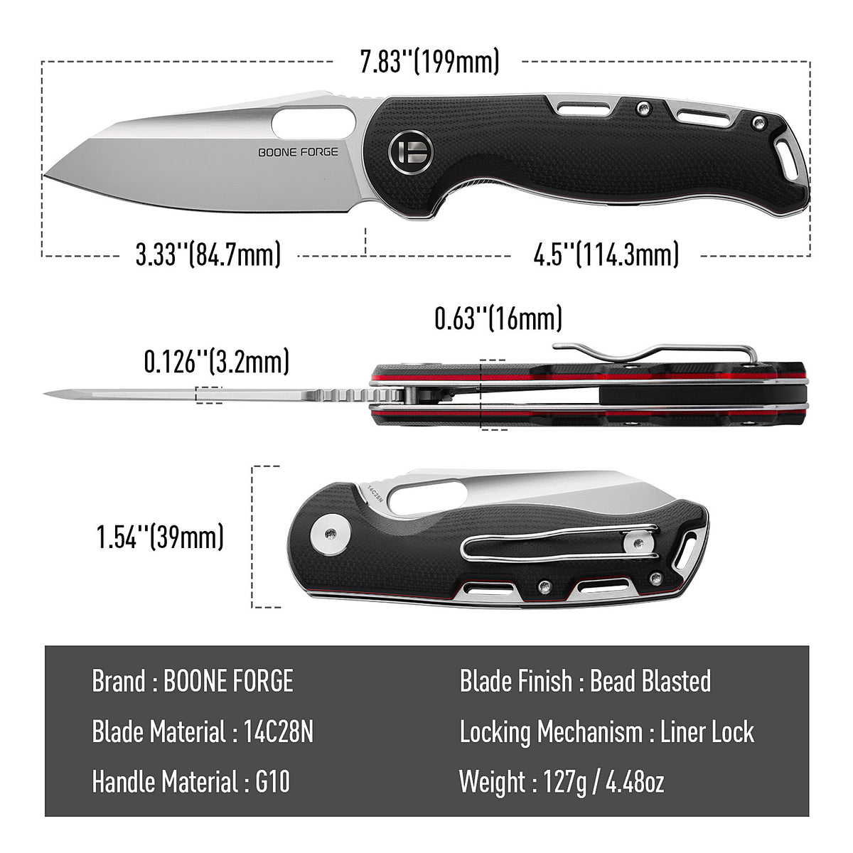 BOONEFORGE Warmark Premium EDC Manual thumb knife ( 3.33'' Bead Blasted 14C28N Blade & Black G10 Handle) - BF009
