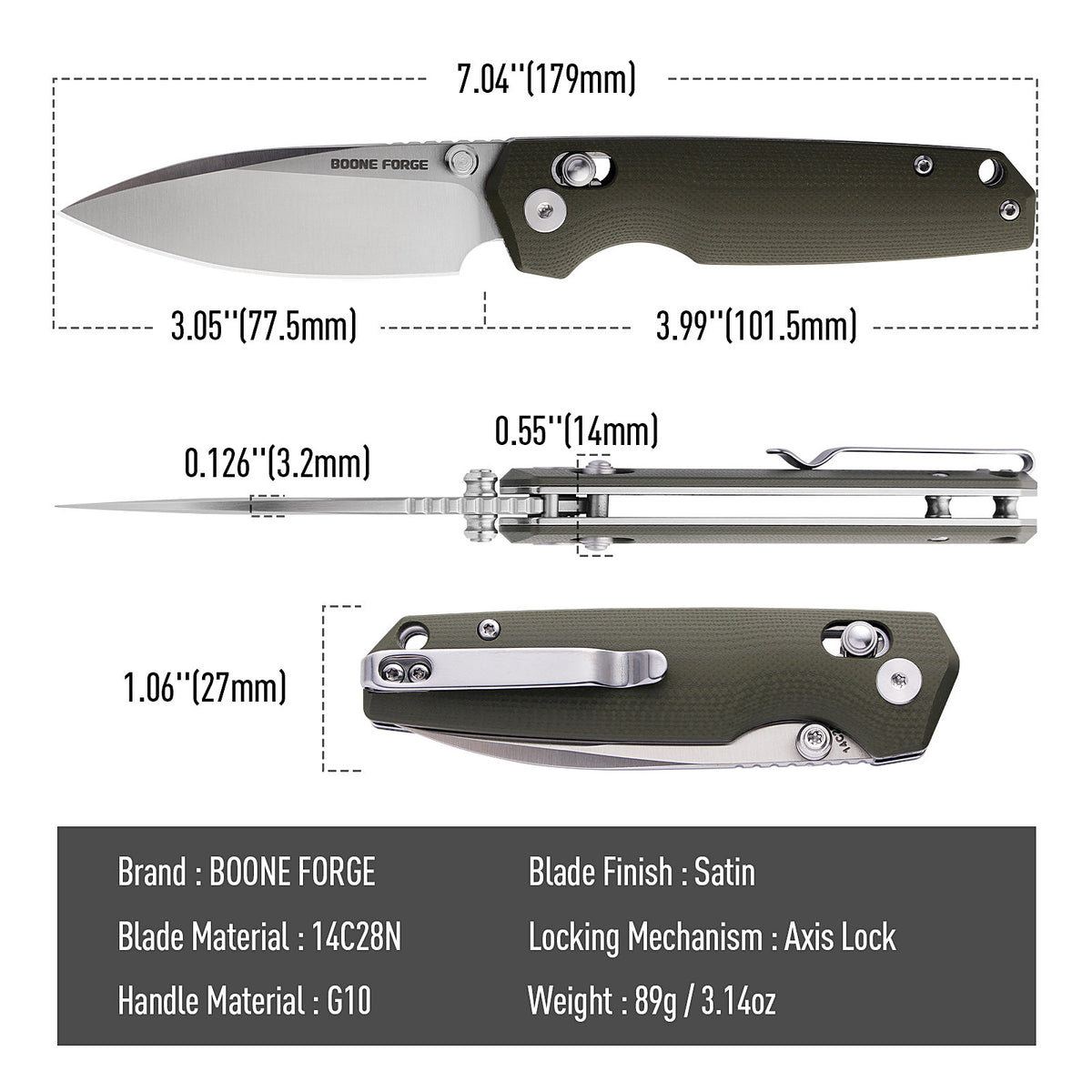 BOONEFORGE Darkedge Premium EDC Crossbar knife ( 3.05'' Satin 14C28N Blade & Army green G10 Handle ) - BF900