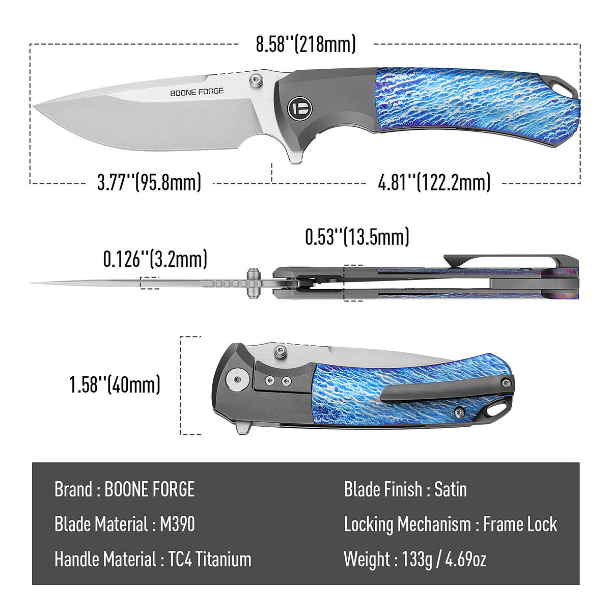 [PRE‑ORDER]BOONEFORGE Valkyrie Premium EDC Fliper & Thumb Stud knife ( 3.77'' Satin M390 Blade & Grey TC4 Titanium Handle ) - BF054