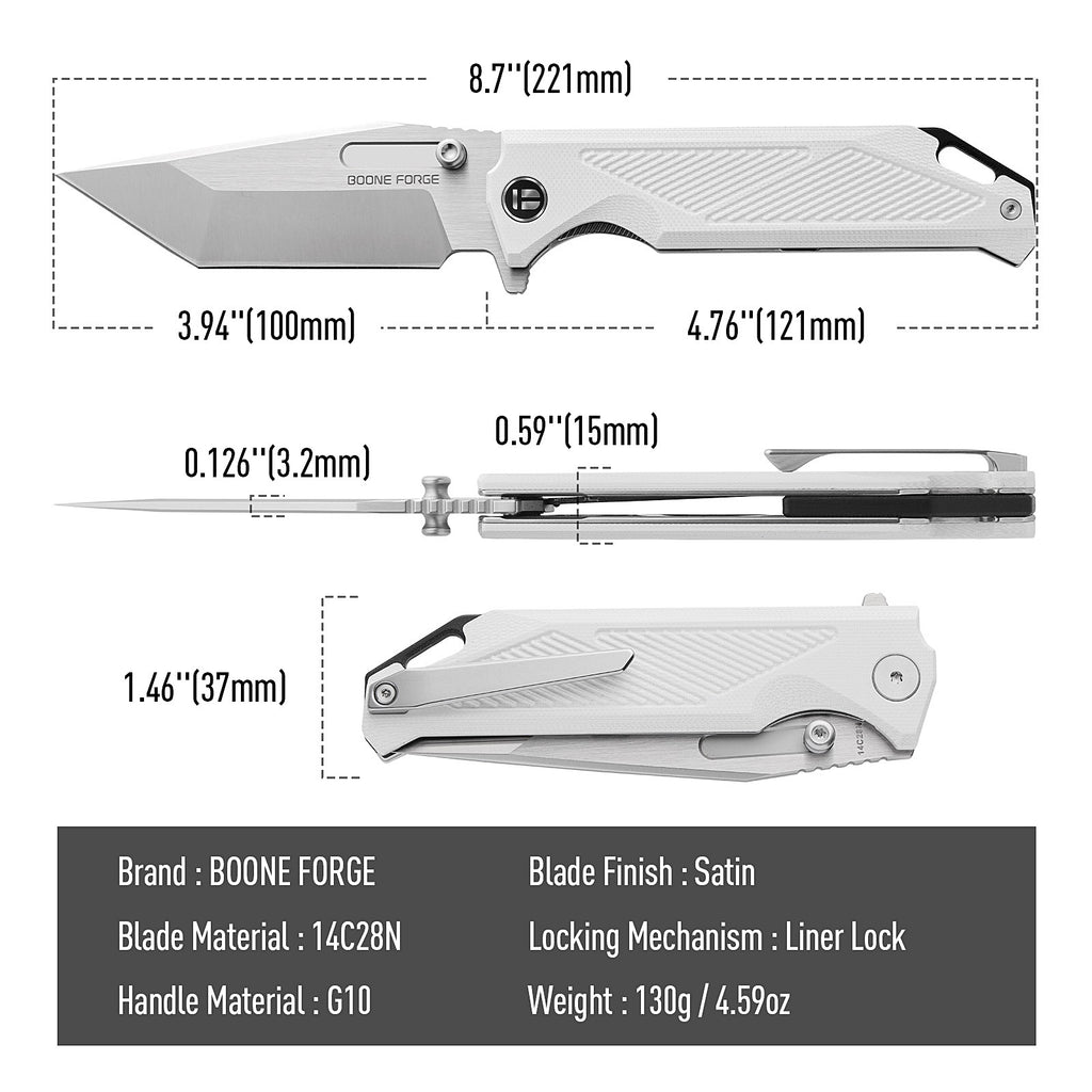 BOONEFORGE Blackshield Premium EDCFliper & Thumb Stud knife ( 3.94'' Satin 14C28N Blade & White G10 Handle ) - BF014A