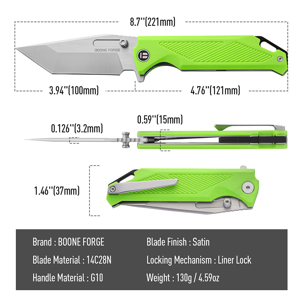 BOONEFORGE Blackshield Premium EDC Fliper & Thumb Stud knife ( 3.94'' Satin 14C28N Blade & Fluorescent green G10 Handle ) - BF014A