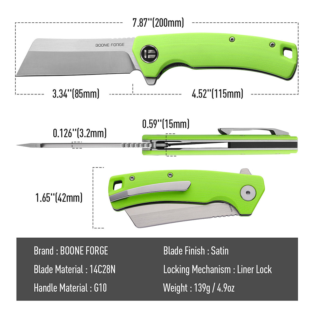 BOONEFORGE Breaker Premium EDC Flipper knife ( 3.34'' Satin 14C28N Blade & Fluorescent green G10 Handle ) - BF903