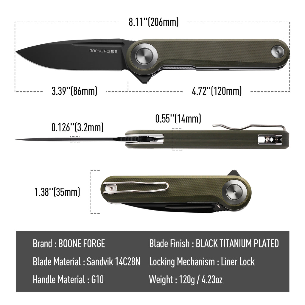 BOONEFORGE Ironjudge Premium EDC Flipper knife ( 3.39'' Black Titanium Plated Sandvik 14C28N Blade & Army green G10 Handle ) - BF905
