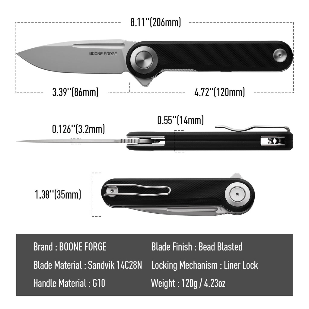 BOONEFORGE Ironjudge Premium EDC Flipper knife ( 3.39'' Bead Blasted Sandvik 14C28N Blade & Black G10 Handle ) - BF905