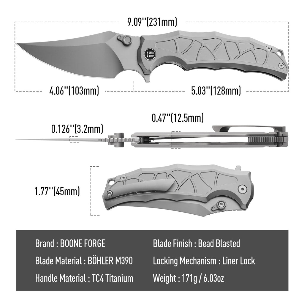 BOONEFORGE Frostspine Premium EDC Fliper & Thumb Stud knife(4.06'' Bead Blasted BÖHLER M390  Blade & Grey TC4 Titanium Handle ) - BF013