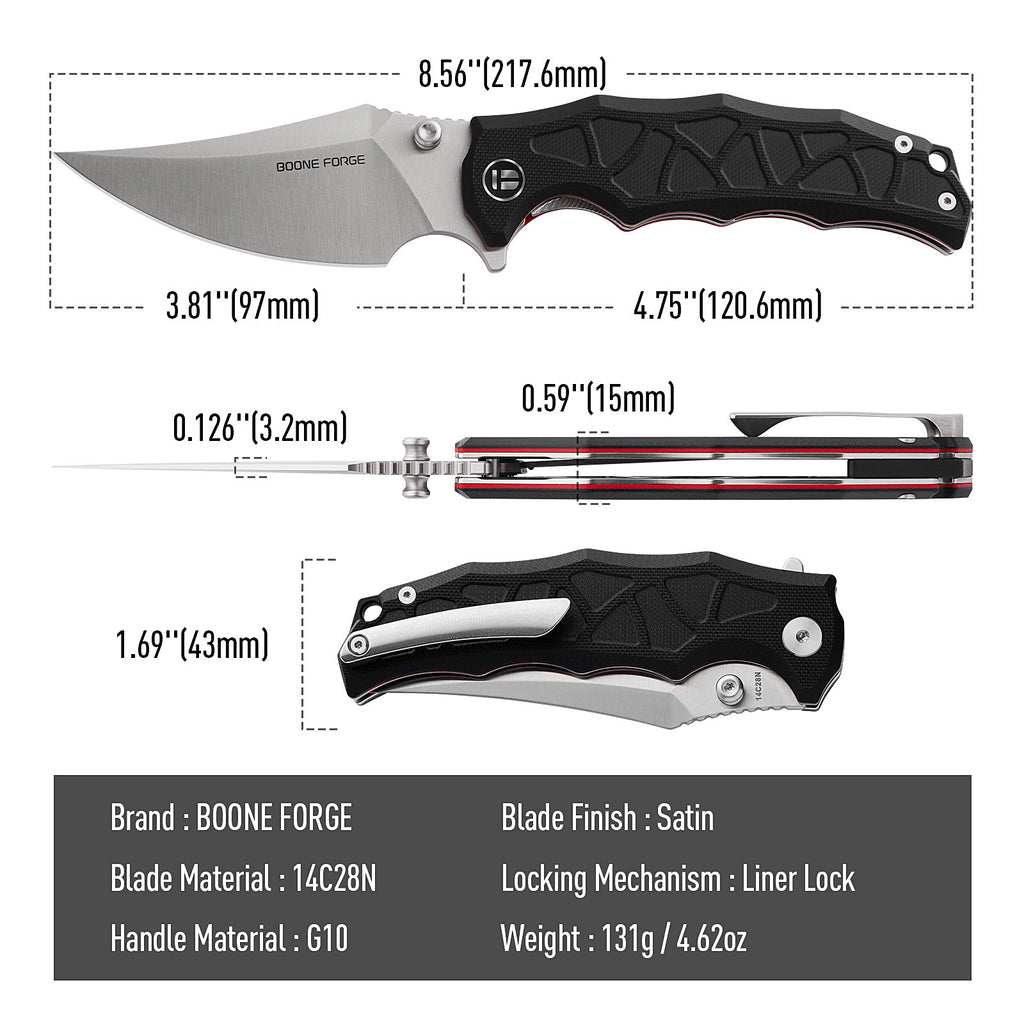 BOONEFORGE Ironstrider Premium EDC Fliper & Thumb Stud knife(3.81'' Satin 14C28N Blade & Black G10 Handle ) - BF013A