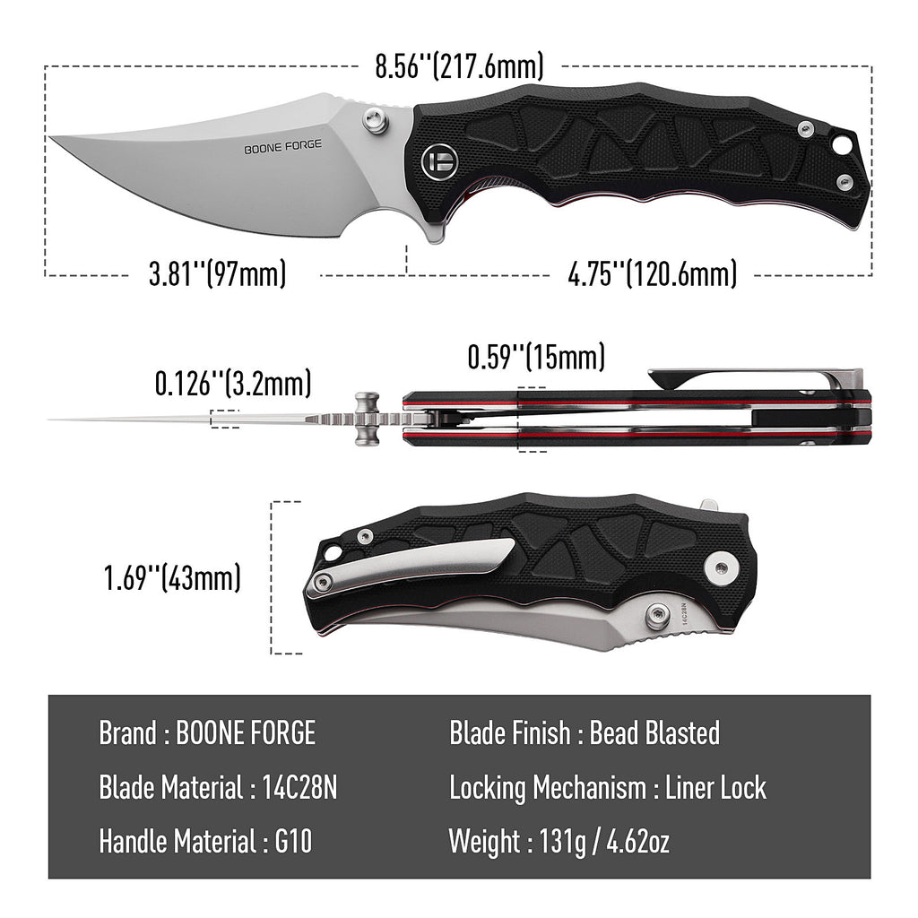 BOONEFORGE Ironstrider Premium EDC Fliper & Thumb Stud knife(3.81'' Bead Blasted 14C28N Blade & Black G10 Handle ) - BF013A