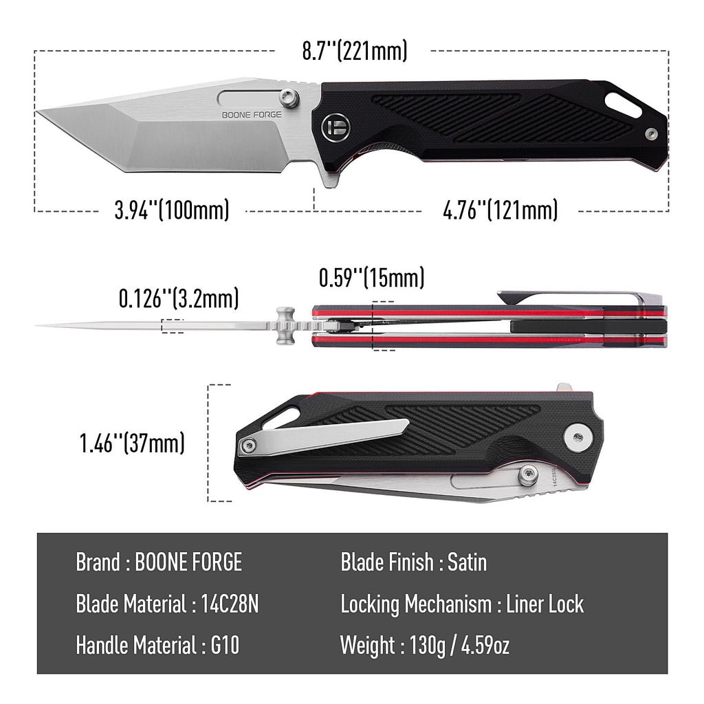 BOONEFORGE Blackshield Premium EDC Fliper & Thumb Stud knife ( 3.94'' Satin 14C28N Blade & Black G10 Handle ) - BF014A