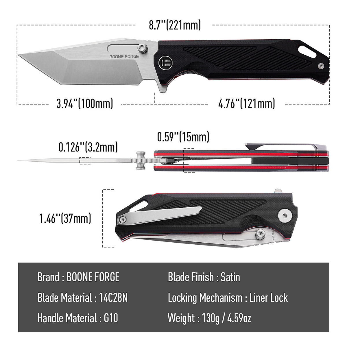 BOONEFORGE Blackshield Premium EDC Fliper & Thumb Stud knife ( 3.94'' Satin 14C28N Blade & Black G10 Handle ) - BF014A