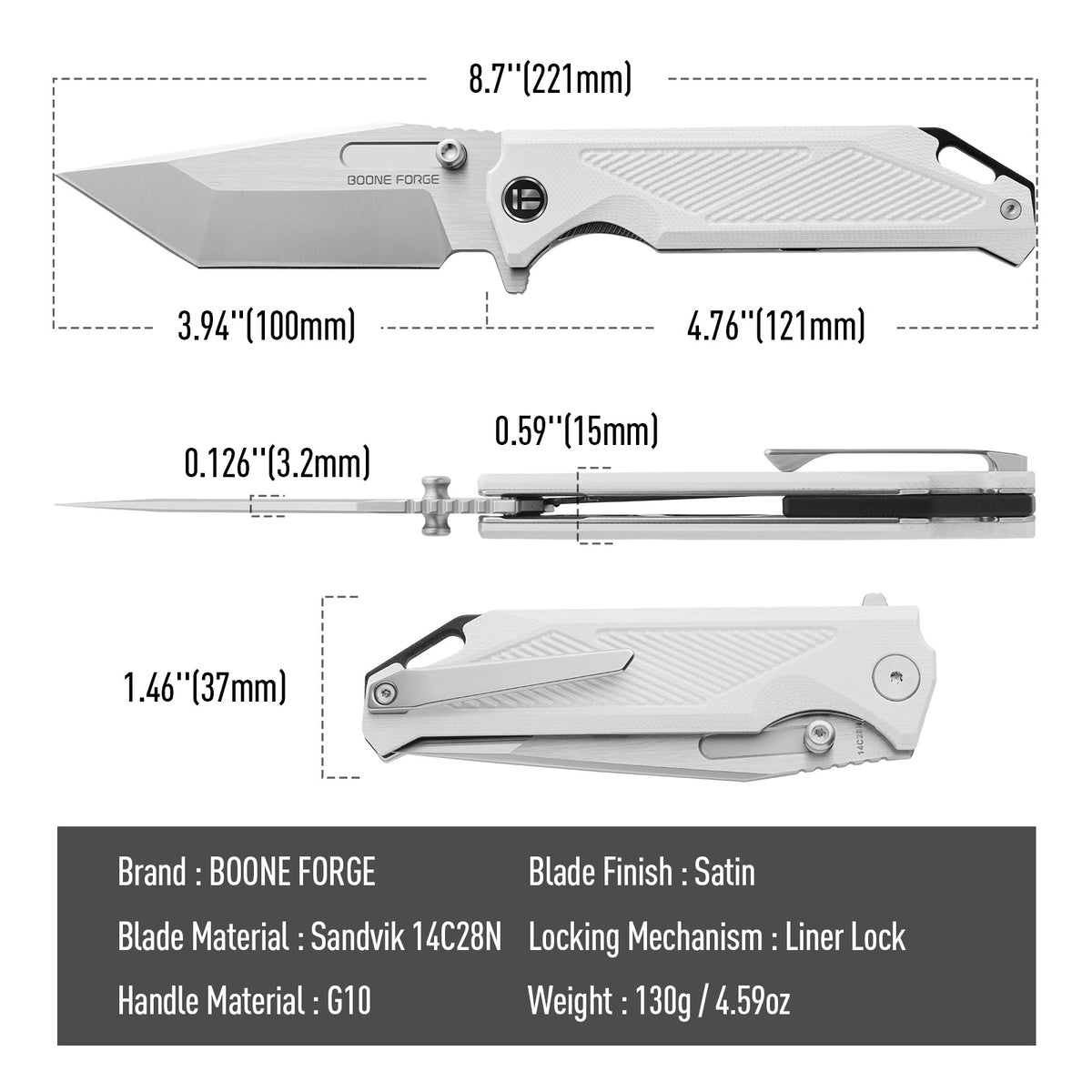 BOONEFORGE Blackshield Premium EDC Flipper & Thumb Stud knife ( 3.94'' Satin Sandvik 14C28N Blade & White G10 Handle ) - BF014A