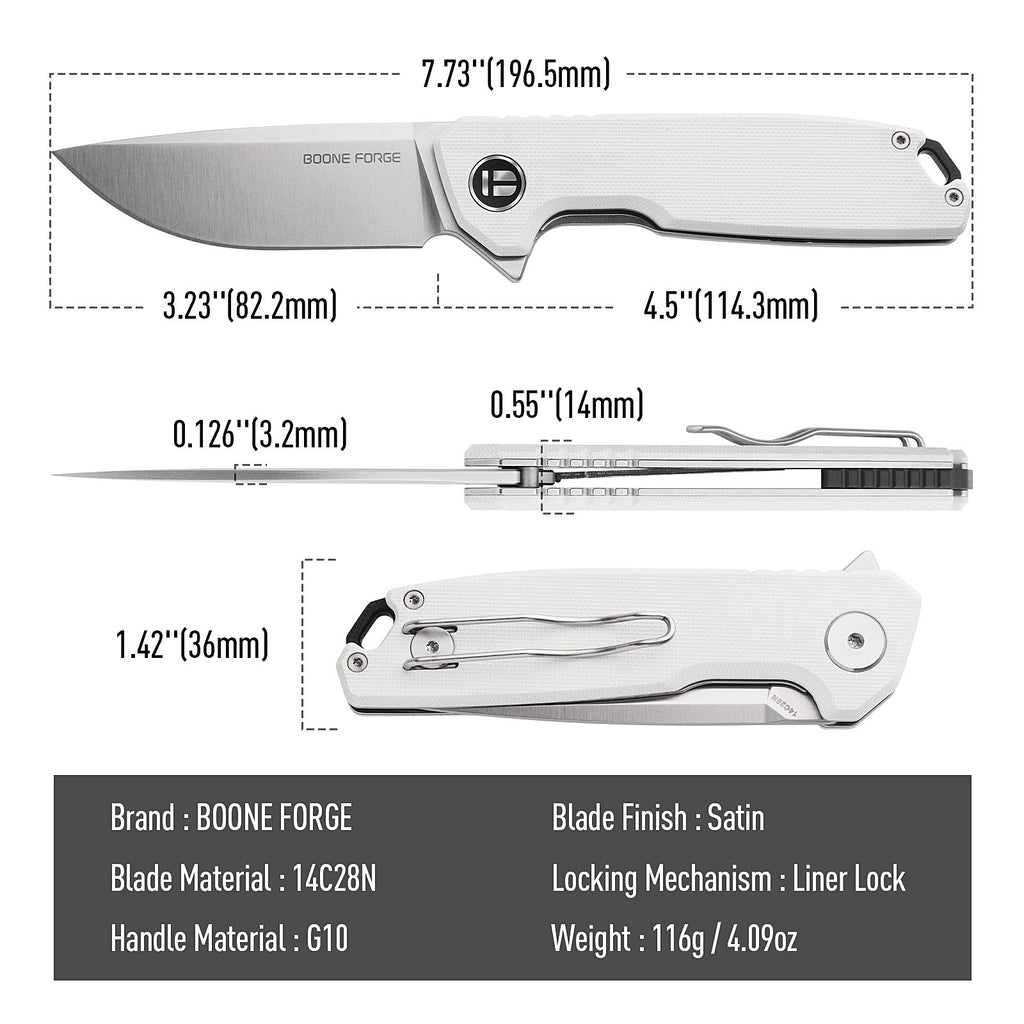 BOONEFORGE Steelwrath Premium EDC Flipper knife ( 3.23'' Satin 14C28N Blade & White G10 Handle) - BF010