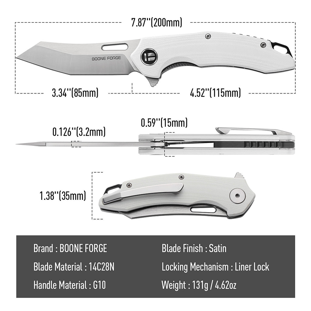 BOONEFORGE Sentinel Premium EDC Flipper & Thumb hole knife ( 3.34'' Satin 14C28N Blade & White G10 Handle ) - BF904