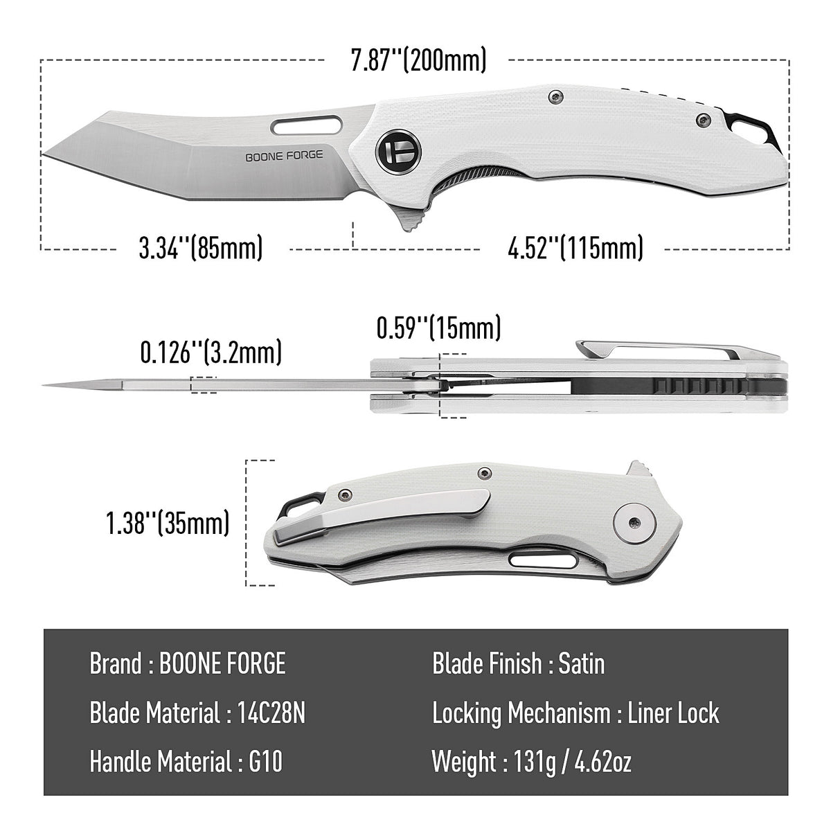 BOONEFORGE Sentinel Premium EDC Flipper & Thumb hole knife ( 3.34'' Satin 14C28N Blade & White G10 Handle ) - BF904