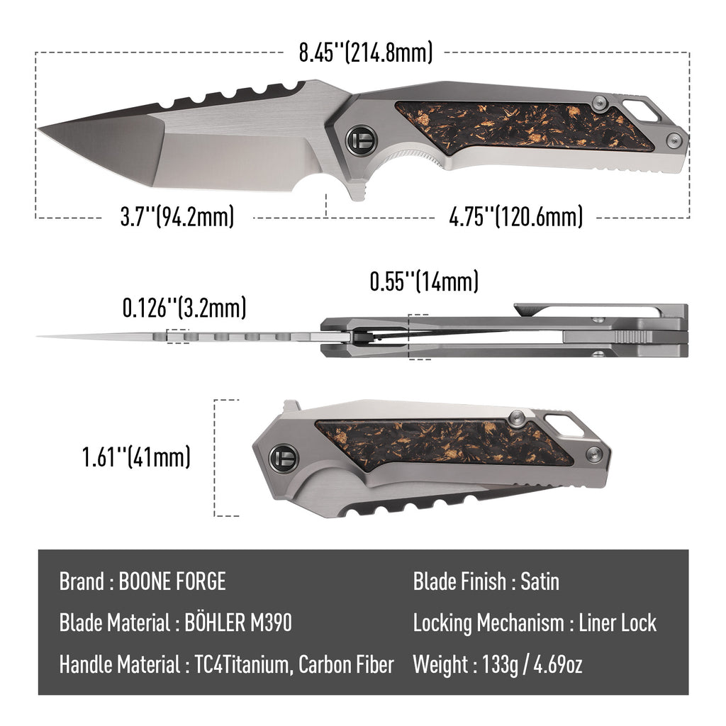 BOONEFORGE Hellfire Premium EDC Fliper & Thumb Stud knife( 3.7'' Satin BÖHLER M390 Blade & Grey TC4 Titanium/Carbon Fiber Handle ) - BF055