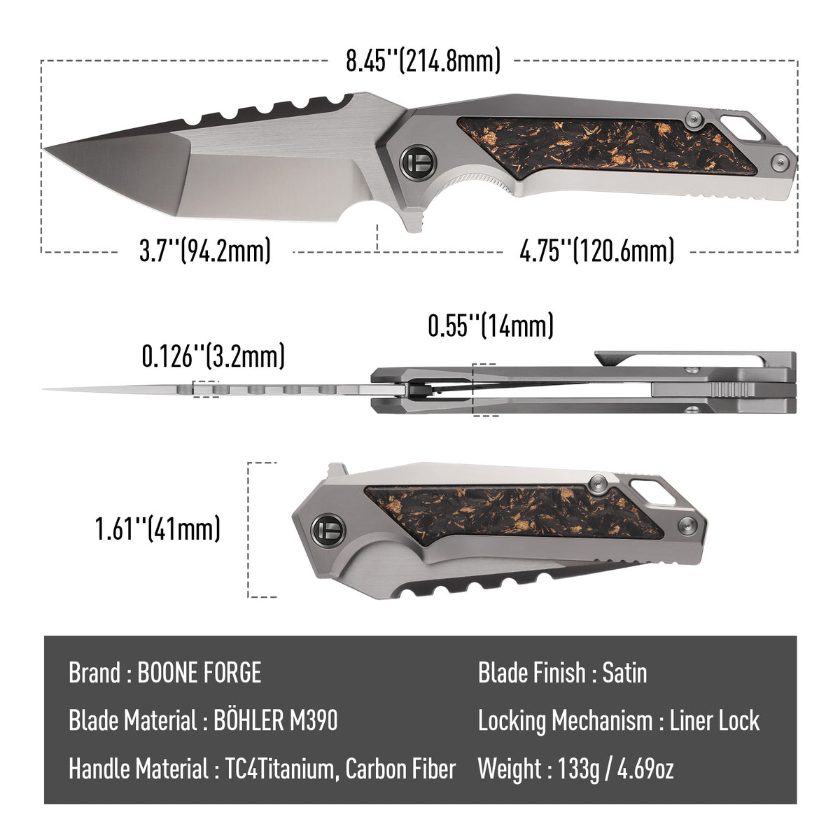 BOONEFORGE Hellfire Premium EDC Fliper & Thumb Stud knife( 3.7'' Satin BÖHLER M390 Blade & Grey TC4 Titanium/Carbon Fiber Handle ) - BF055