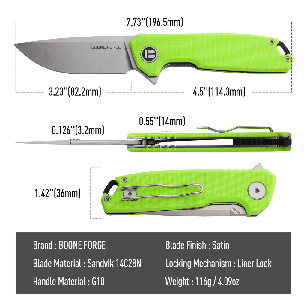 BOONEFORGE Steelwrath Premium EDC Flipper knife ( 3.23'' Satin Sandvik 14C28N Blade & Neon Green G10 Handle) - BF010