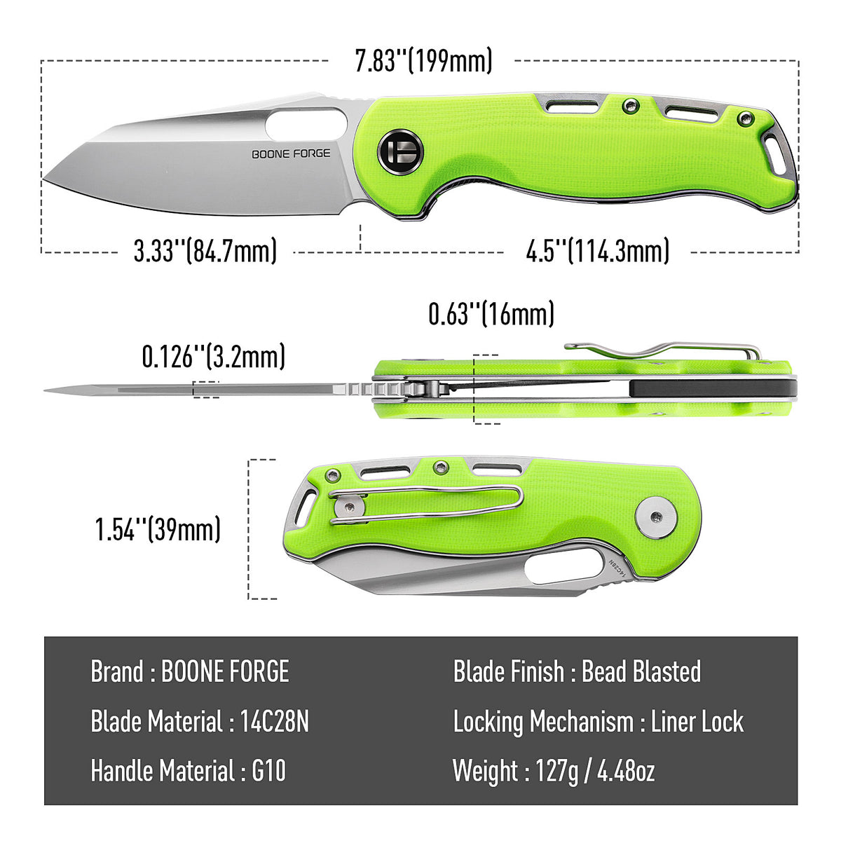 BOONEFORGE Warmark Premium EDC Manual thumb knife ( 3.33'' Bead Blasted 14C28N Blade & Fluorescent green G10 Handle) - BF009