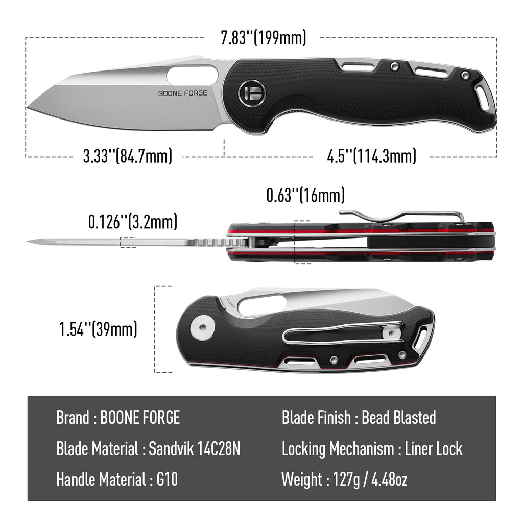 BOONEFORGE Warmark Premium EDC Manual thumb knife ( 3.33'' Bead Blasted Sandvik 14C28N Blade & Black G10 Handle) - BF009
