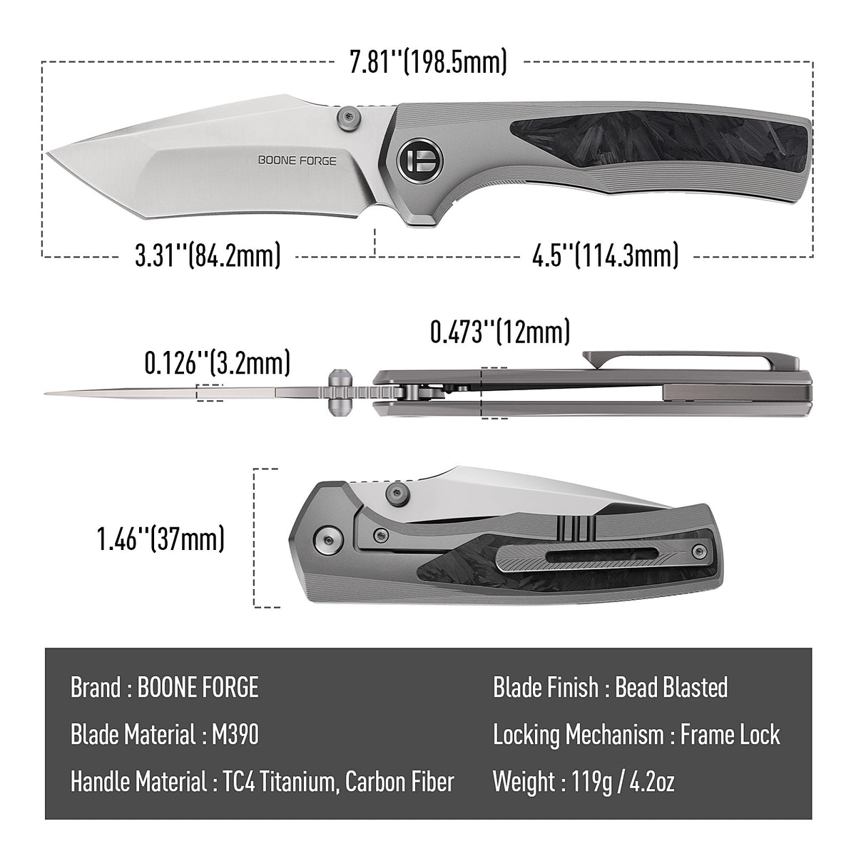 [PRE‑ORDER]BOONEFORGE Bloodfang Premium EDC Thumb stud knife ( 3.41" Bead Blasted M390 Blade & Grey TC4 Titanium/Carbon Fiber Handle) - BF007